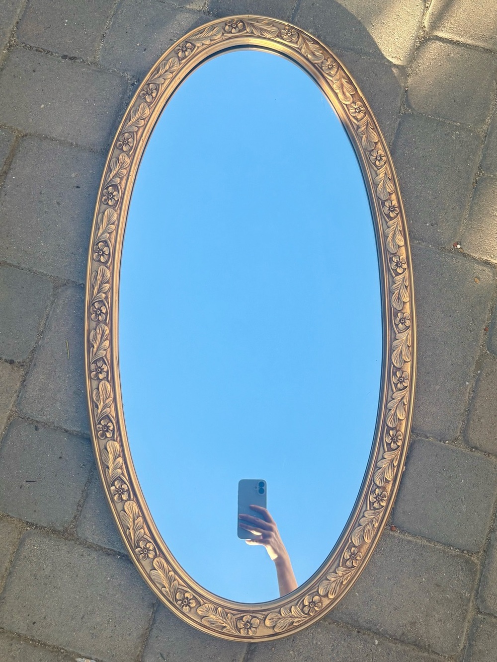 Vintage gold oval large baroque floral carved wood mirror wall hanging home